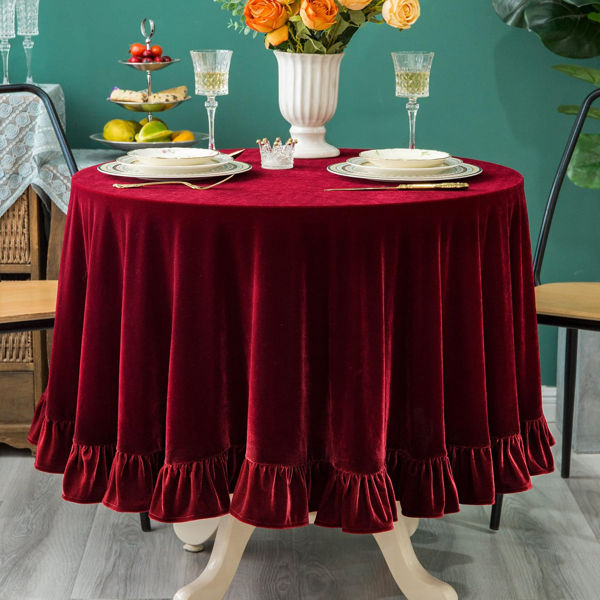 GLORY SEASON Velvet Tablecloth Luxurious Solid Rectangle Table Cloth,Oblong Retro Farmhouse Ruffle Tablecloths Washable Table Cover for Party Olive Green,52x70 Inches