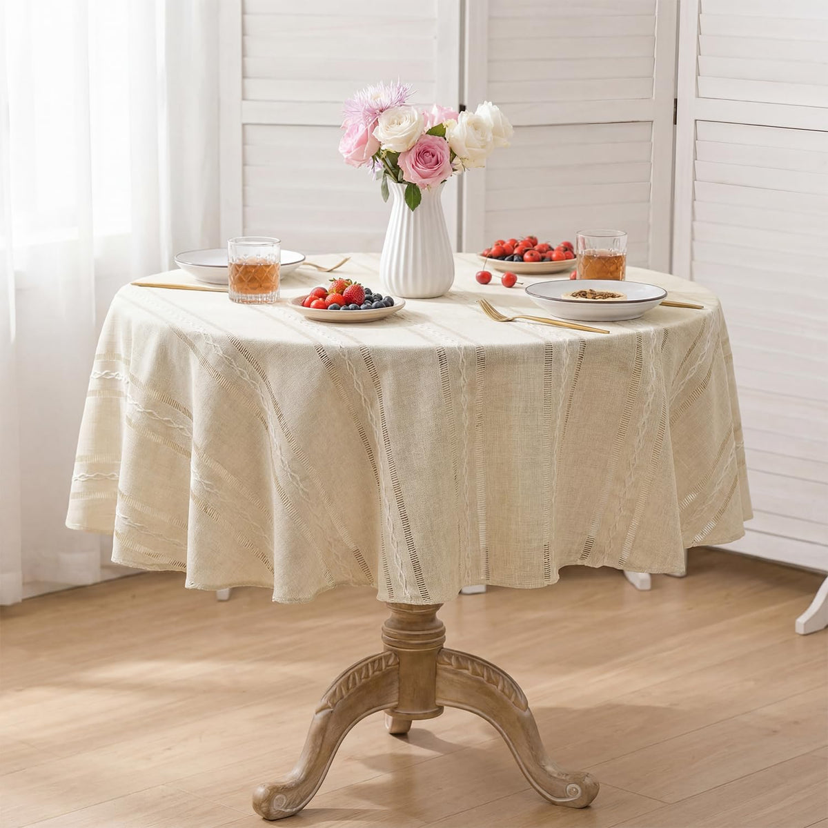 Horaldaily Light Coffee Round Tablecloth, 60×60 Inch, Farmhouse Style