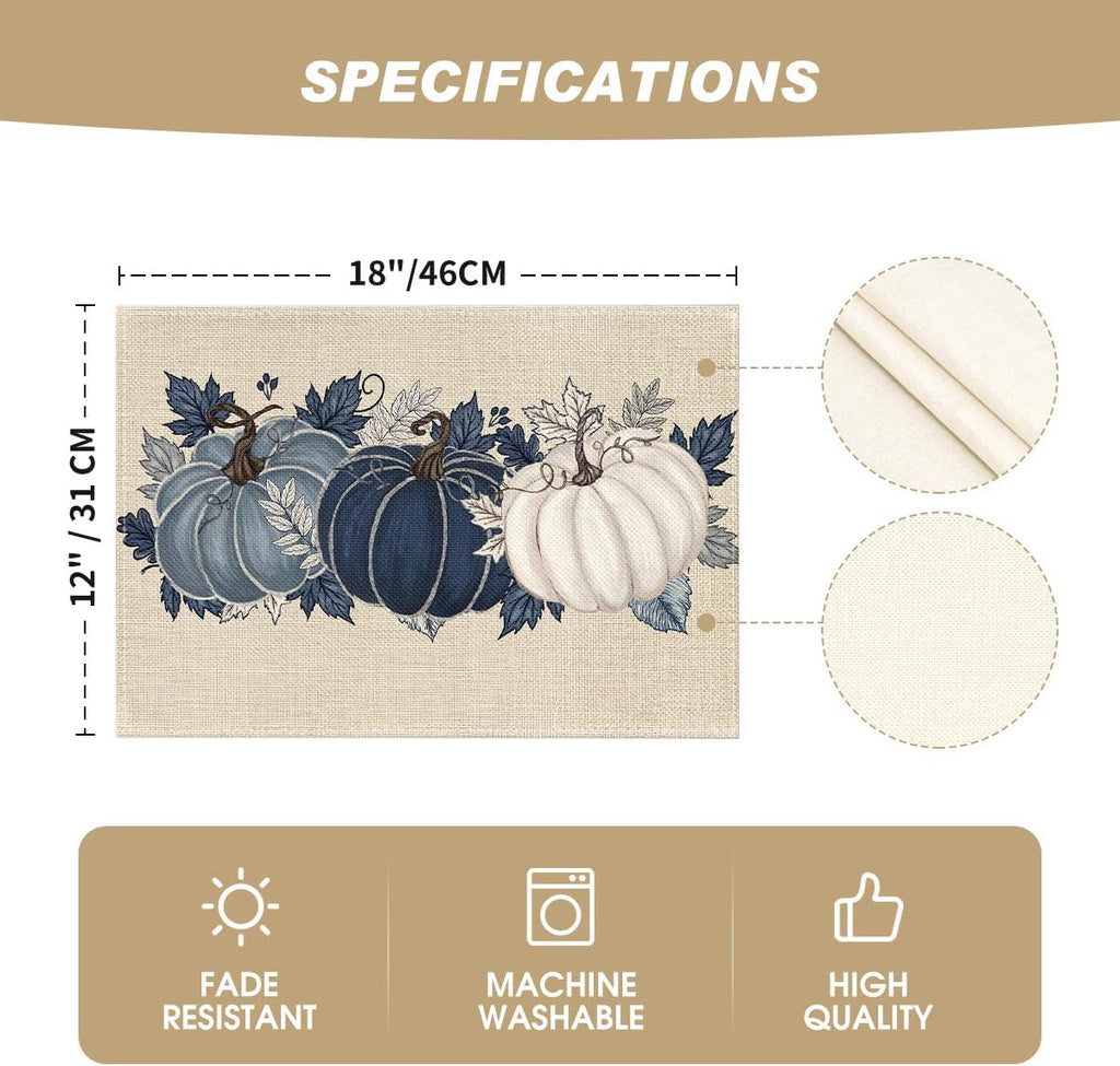 Artoid Mode Navy Blue Pumpkins Fall Placemats Set of 6-12 x 18 Inch