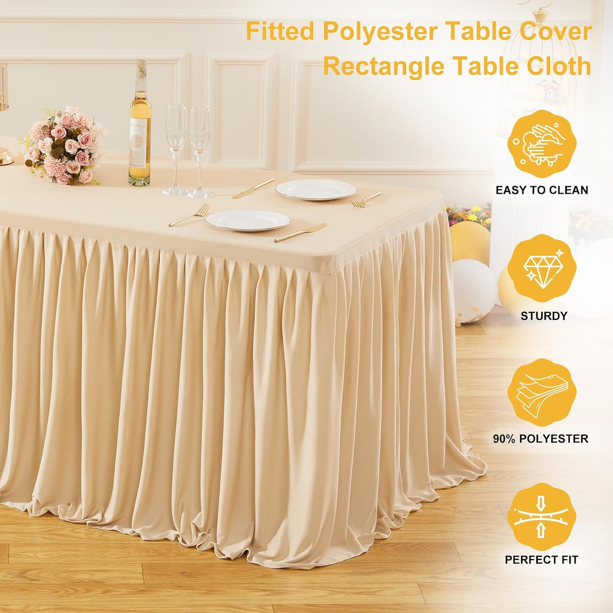 Wish Care 2 Pack Champagne Rectangle Table Clothes for 6 Foot Tables, Polyester Fitted Tablecloths 6t Stretch Table Cover for Wedding, Birthday, Parties, Trade Show, Craft Show