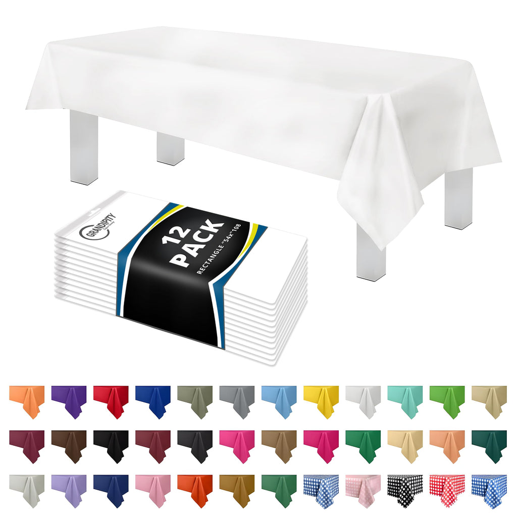 Grandipity Plastic Table Cloth Disposable 12 Pack 54” x 108” Rectangle