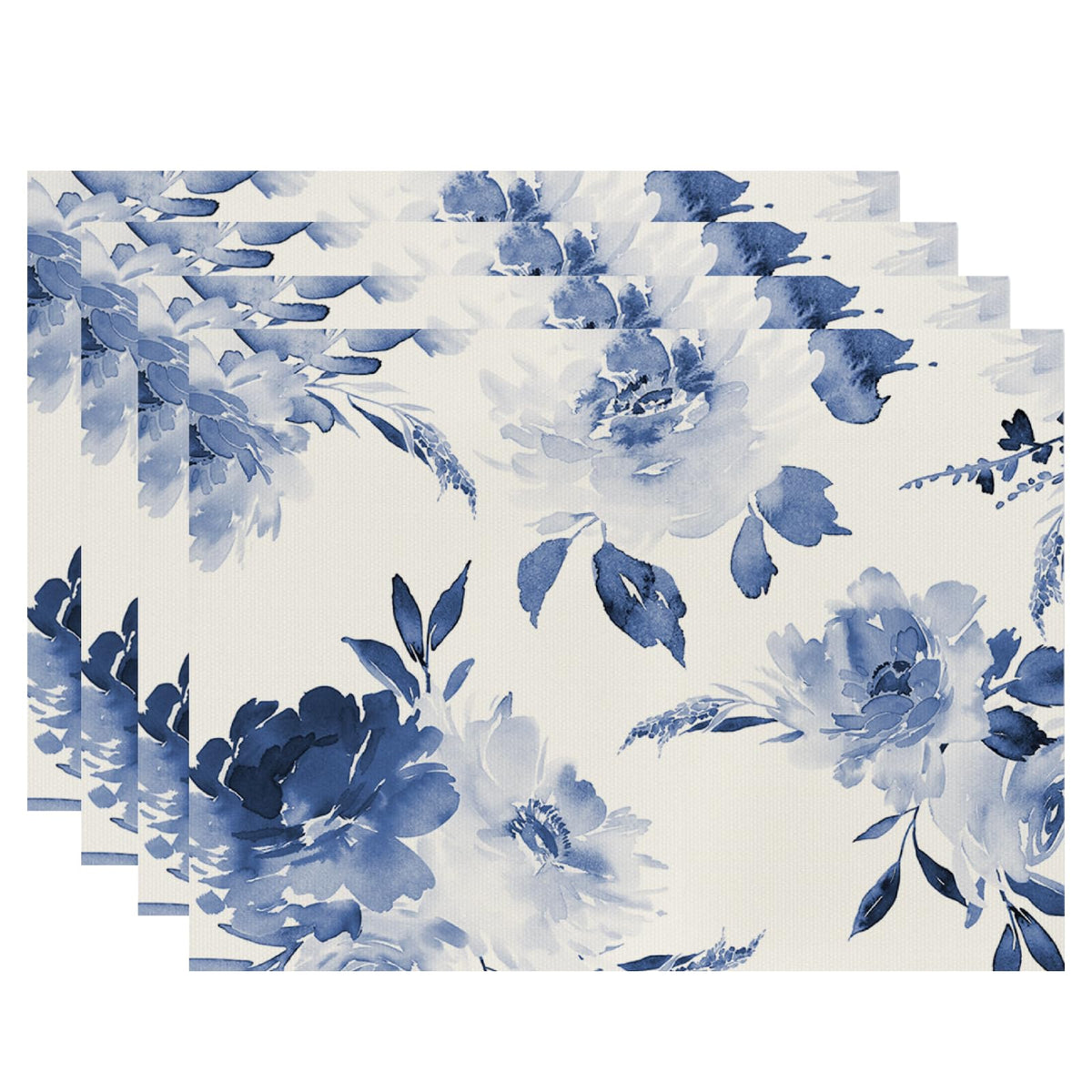 Blue Leaves Watercolor Placemats Set of 4, 12x18 Inch Spring Summer Leaves Table Place Mats for Kitchen Dining Home Party Decor