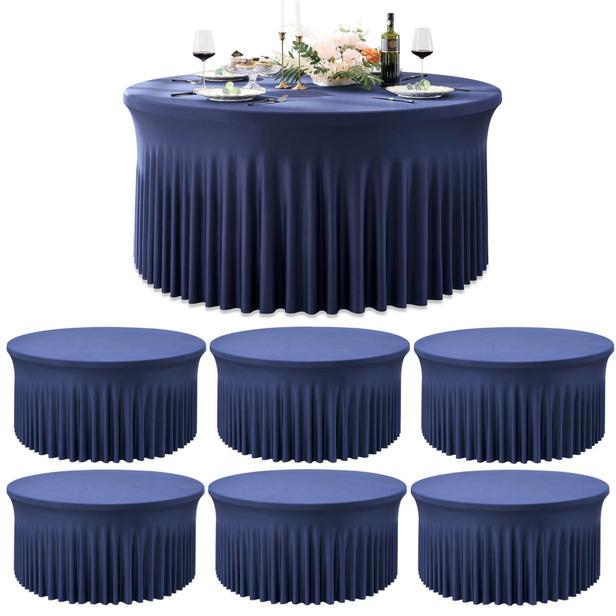 Outpain 6 Pack White Round Spandex Tablecloths for 60in Tables, 120Inch Stretchy Fitted 5FT Round Table Clothes,Wrinkle Free Table Cover with Skirt for Wedding Party Dining Banquet
