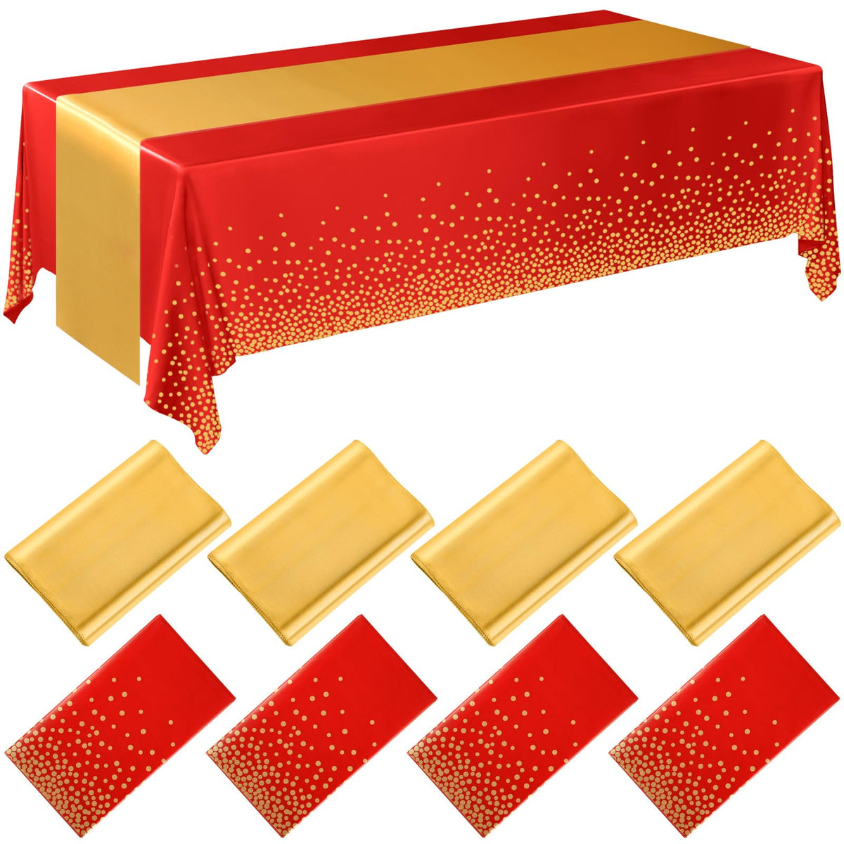 Breling 8 Pack Green and Gold Tablecloths and Satin Runners Set