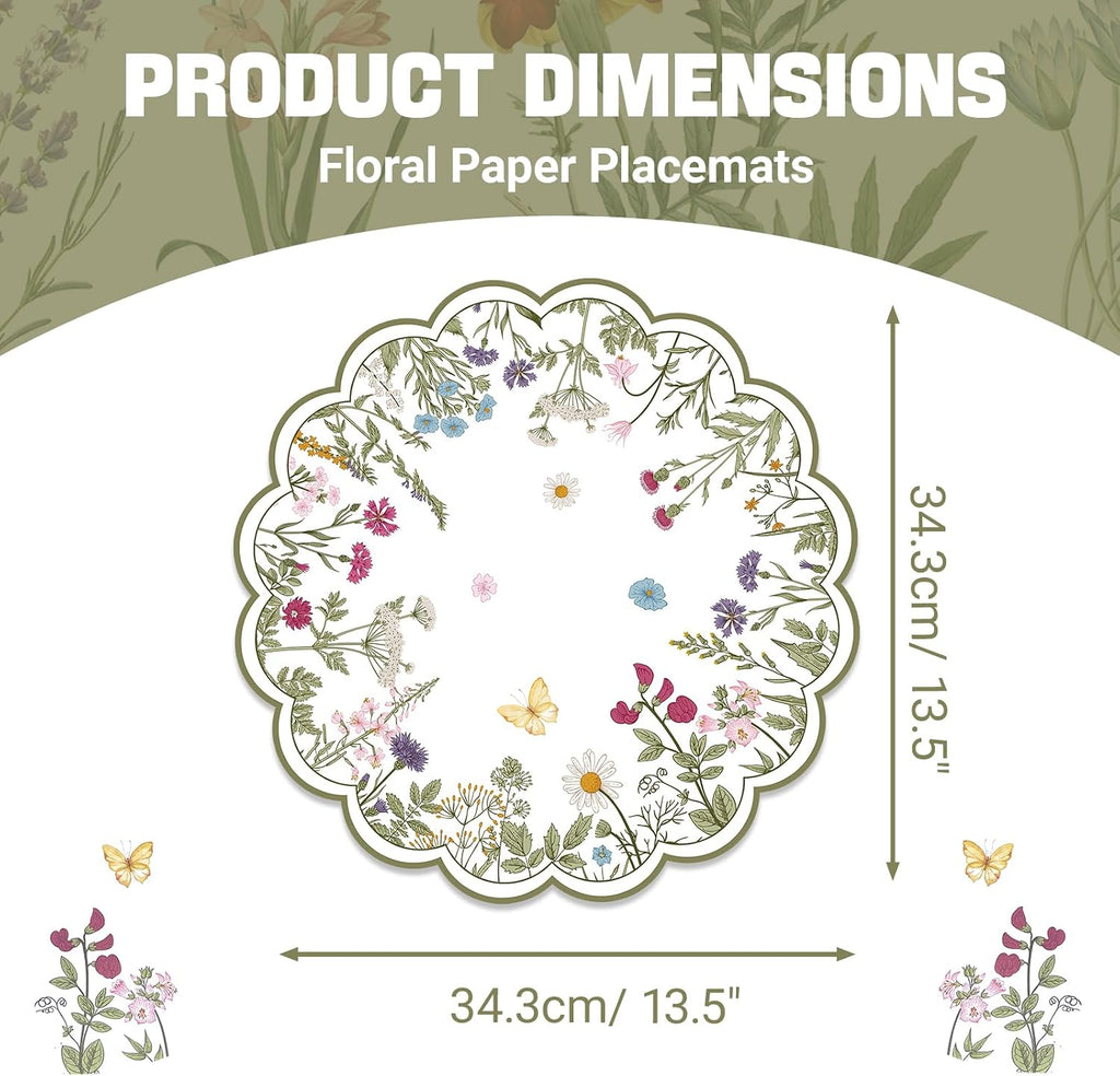 50 PCS Paper Placemats Disposable, Vintage Wildflower Place Mats