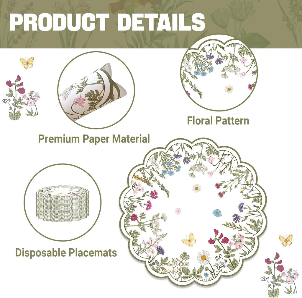 50 PCS Paper Placemats Disposable, Vintage Wildflower Place Mats