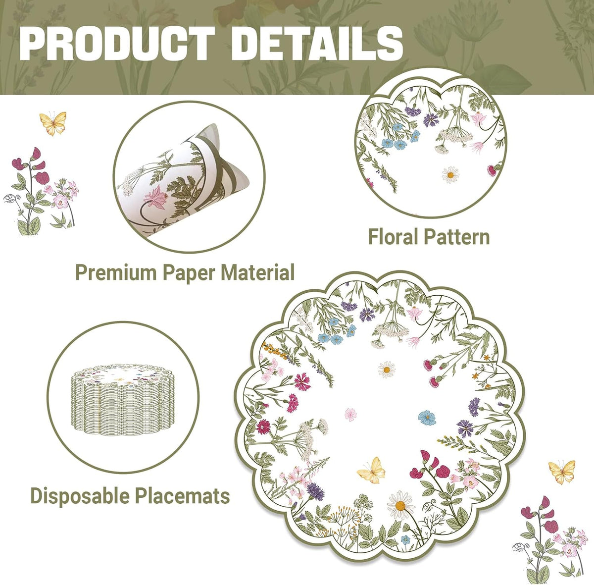 50 PCS Paper Placemats Disposable, Vintage Wildflower Place Mats