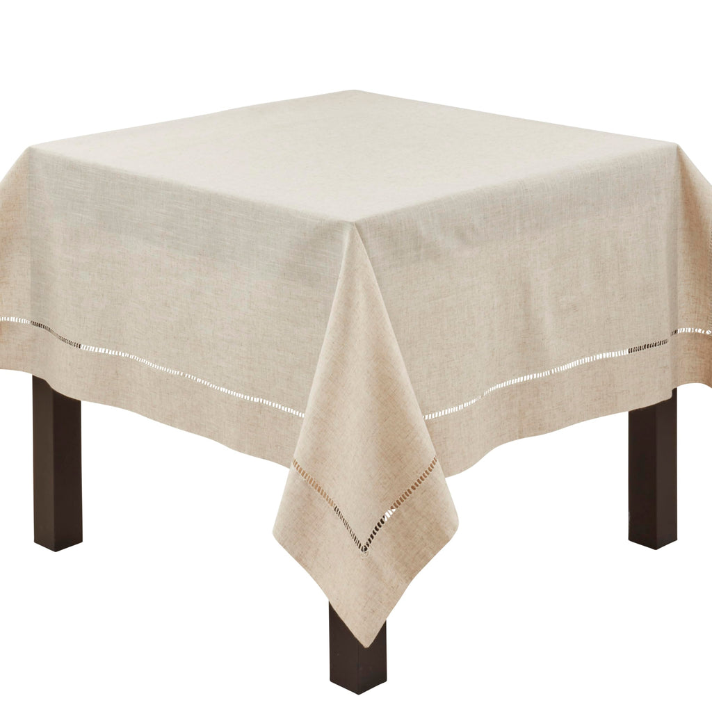 SARO LIFESTYLE Poly and Linen Blend Toscana Tablecloth with No Hemstitch Border, Natural, 132"
