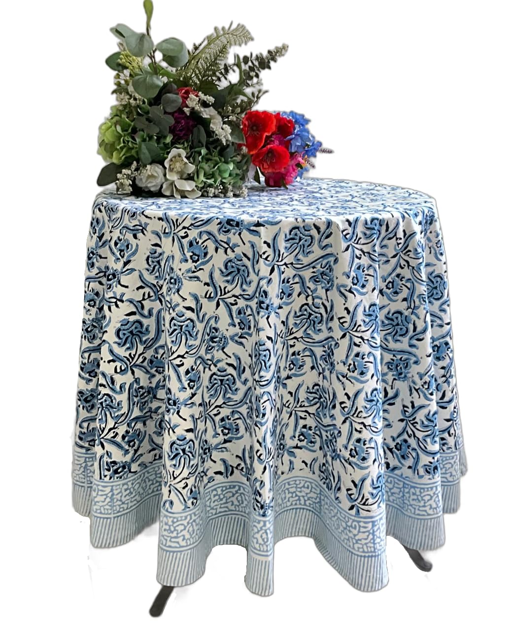 ATOSII Cotton Blockprint Rectangle Table Cloth, Clover Blue, 108" X 60"