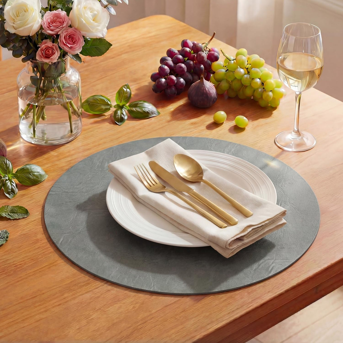 Artoid Mode Olive Green Faux Leather Placemats Set of 6, 12x18 Inch Waterproof Wipeable Heat Resistant Vinyl Place Mats, Reversible Table Mats for Kitchen Dining Decor