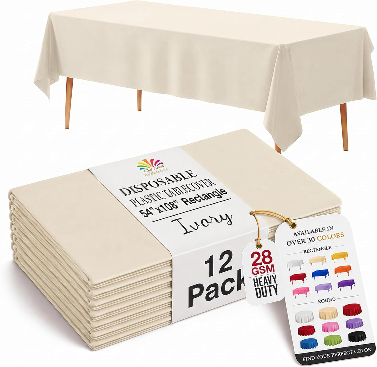 Exquisite Ivory Plastic Table Cloth Disposable 12 Pack, 54 x 108 Inch
