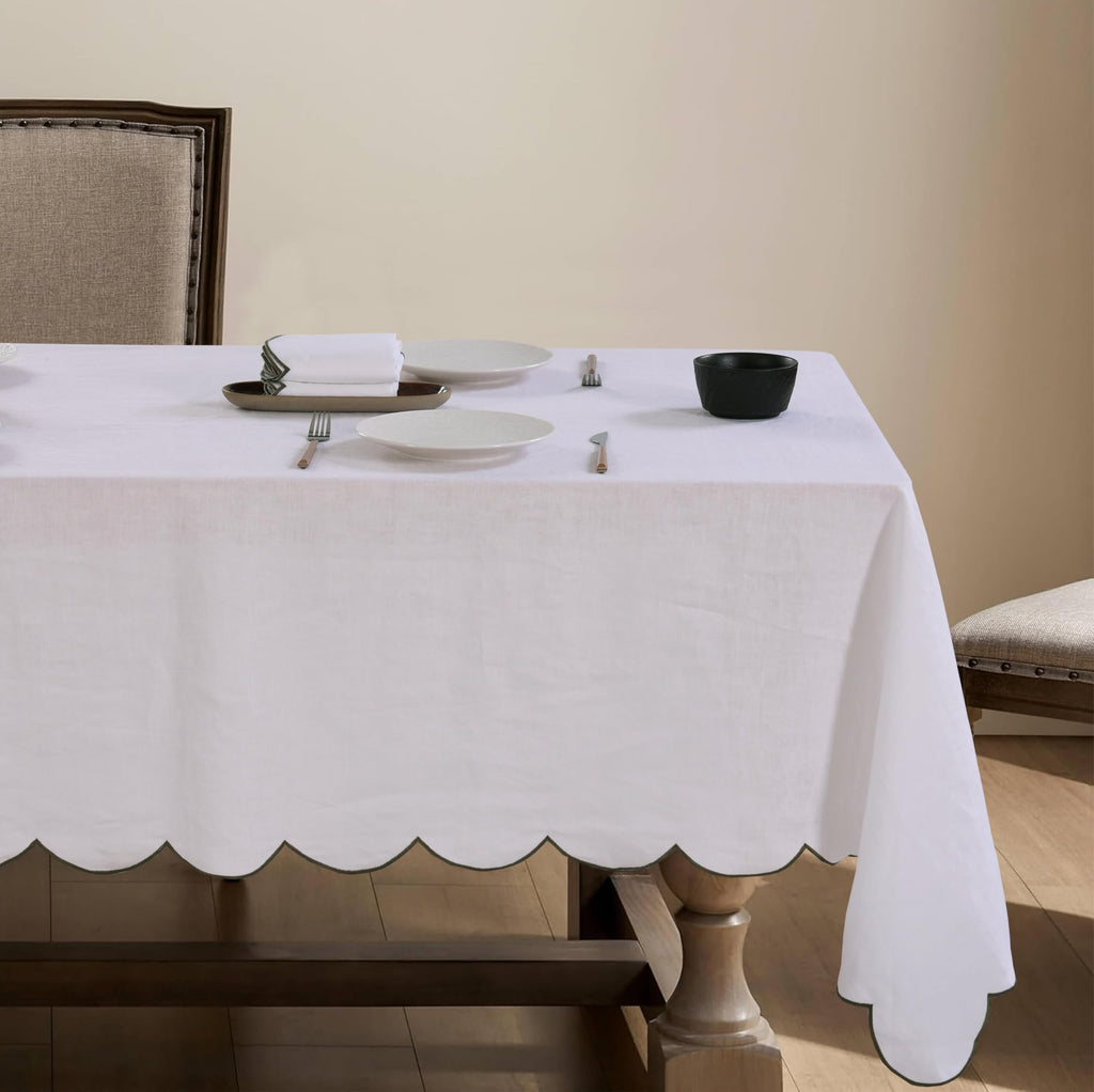 100% French Flax Linen Scalloped Embroidery Rectangle Tablecloths 120Lx60W Inch for Dinners, Parties, Spring, Machine Washable, 10-12 Sets, 60''x120'', Linen(Edges-Gold)
