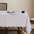 100% French Flax Linen Scalloped Embroidery Rectangle Tablecloths 120Lx60W Inch for Dinners, Parties, Spring, Machine Washable, 10-12 Sets, 60''x120'', Linen(Edges-Gold)