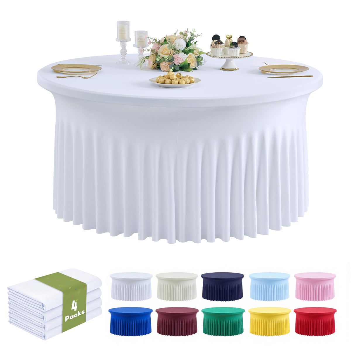 Outpain 6 Pack White Round Spandex Tablecloths for 60in Tables, 120Inch Stretchy Fitted 5FT Round Table Clothes,Wrinkle Free Table Cover with Skirt for Wedding Party Dining Banquet