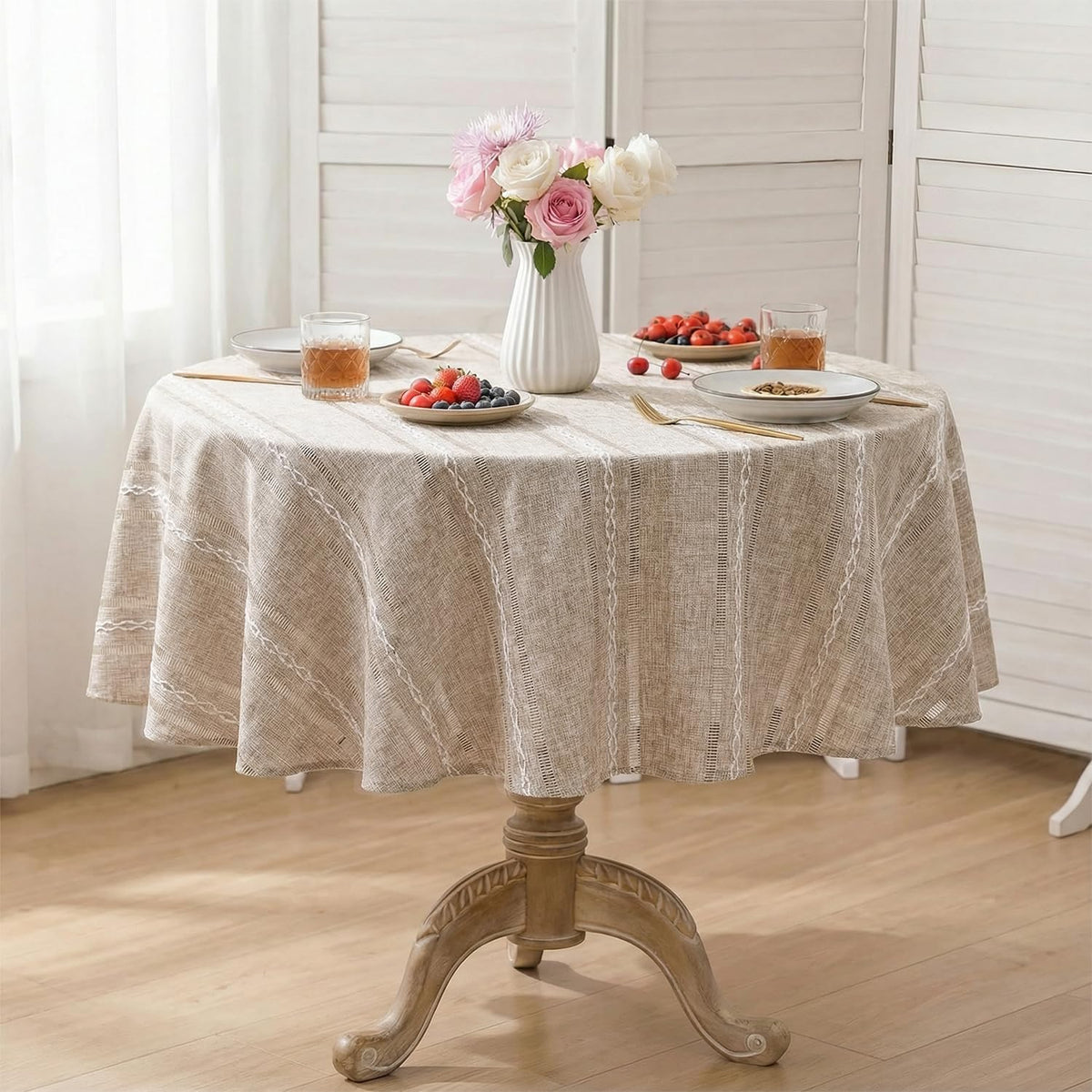 Horaldaily Light Coffee Round Tablecloth, 60×60 Inch, Farmhouse Style