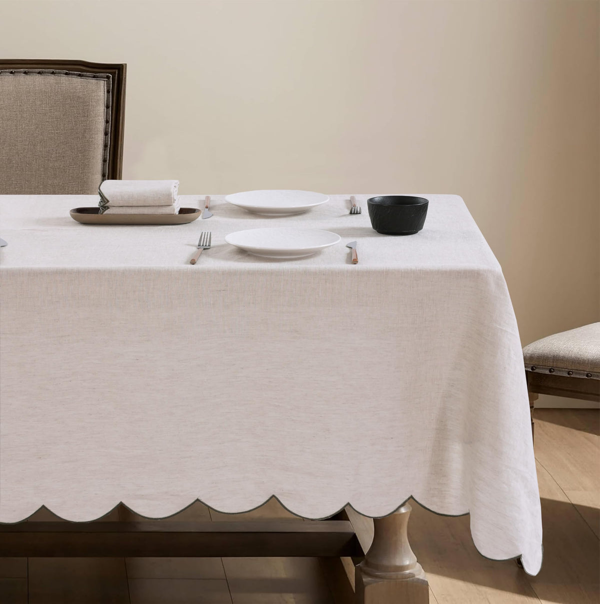 100% French Flax Linen Scalloped Embroidery Rectangle Tablecloths 120Lx60W Inch for Dinners, Parties, Spring, Machine Washable, 10-12 Sets, 60''x120'', Linen(Edges-Gold)