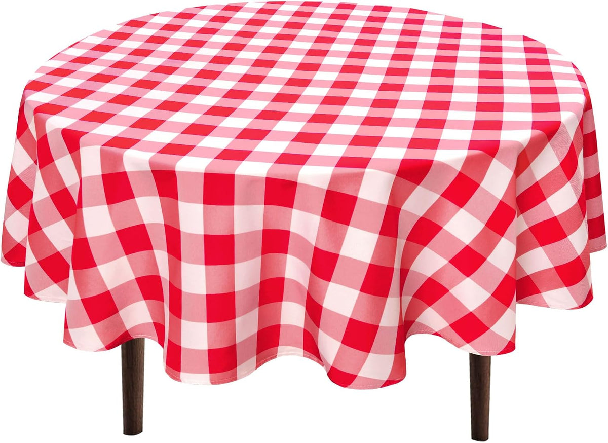Hiasan Checkered Round Tablecloth 60 Inch Waterproof, Red and White