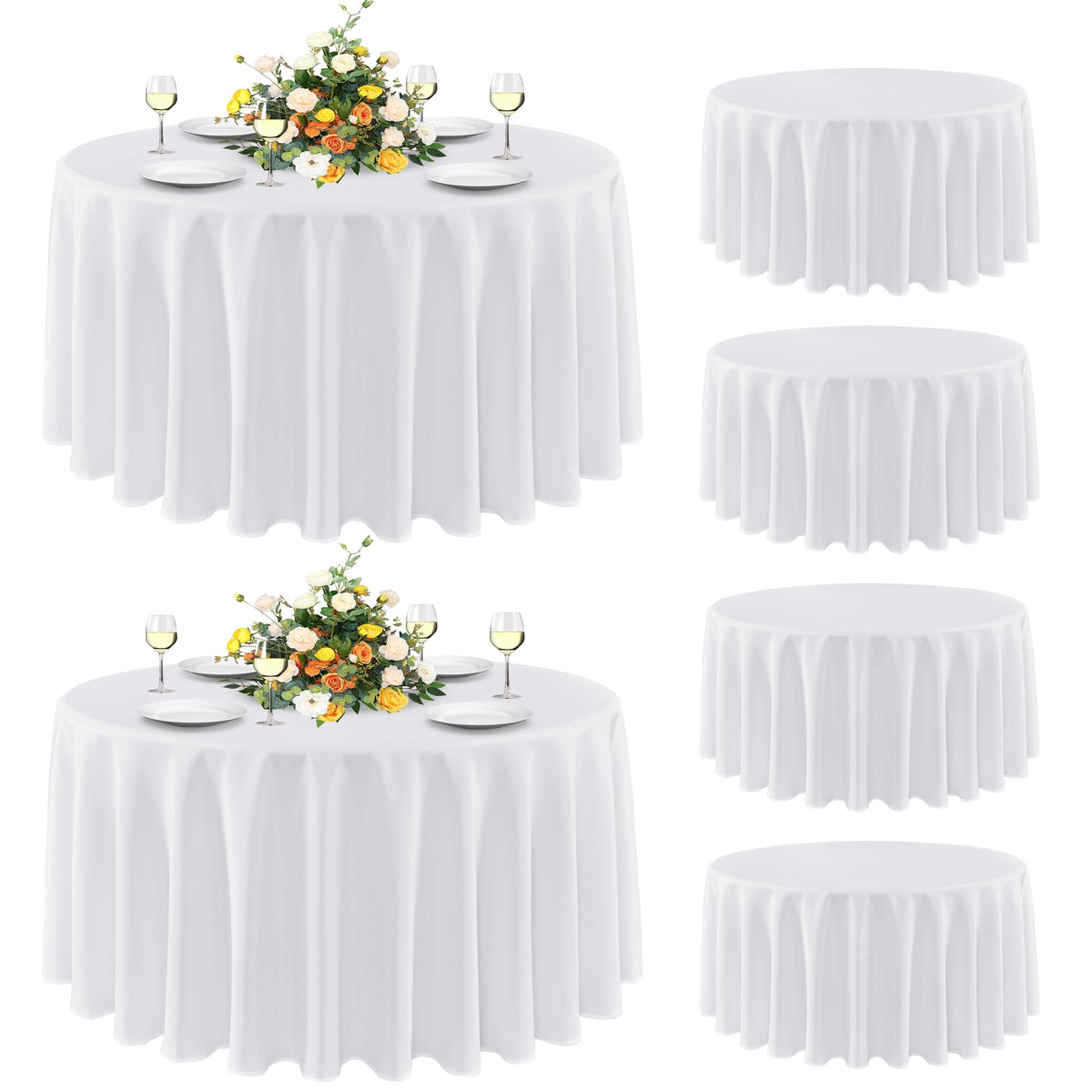 sancua 90 Inch Round Tablecloth Fit 30-72 Inch Tables, White 6 Pack Circle