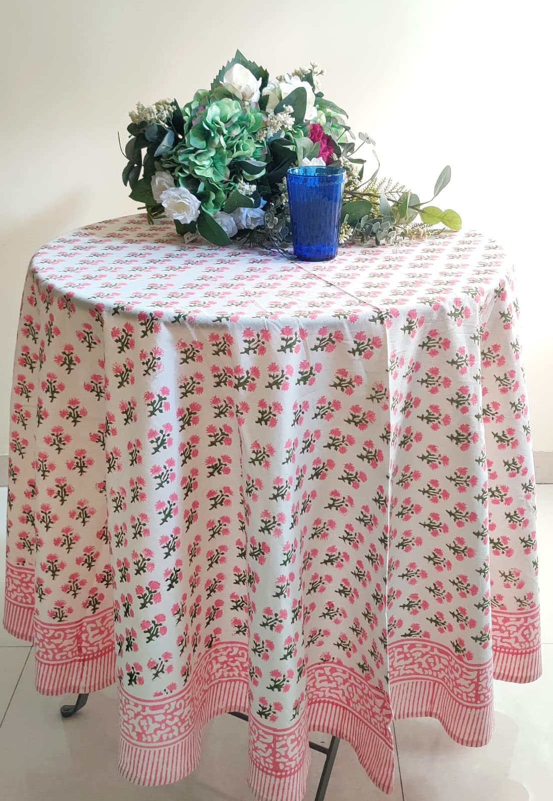 ATOSII Cotton Blockprint Rectangle Table Cloth, Clover Blue, 108" X 60"