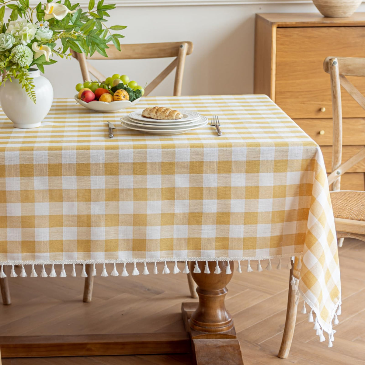 Alsoo Pink Gingham Tablecloth Rectangle 55 x 75 Inch, Washable Checkered Plaid Table Cloth Heavy Duty Linen Cotton Fabric for Mothers Day Outdoor Picnic Party Freshly Graduated