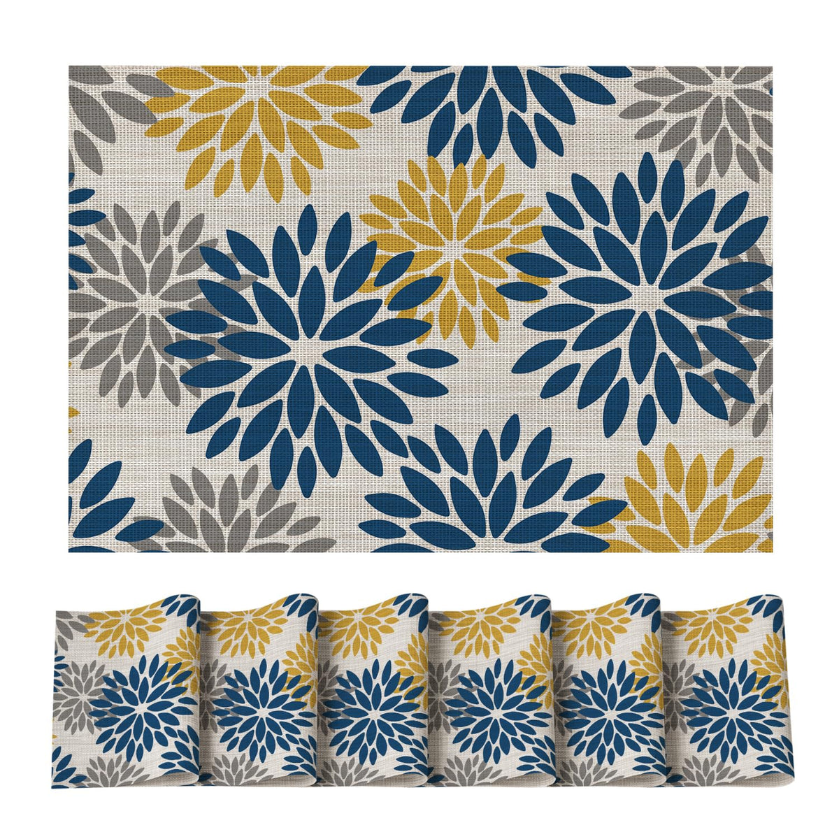 Artoid Mode Floral Vinyl Plistic Placemats Set of 6, Heat Resistant Washable Non-Slip PVC Place Mats for Party Kitchen Dining Decor, Blue Grey