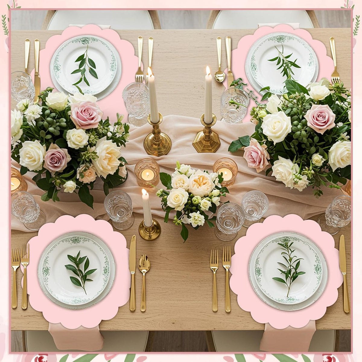 60 Pcs Light Pink Paper Placemats, 13.5 Inch Disposable Scalloped Placemat