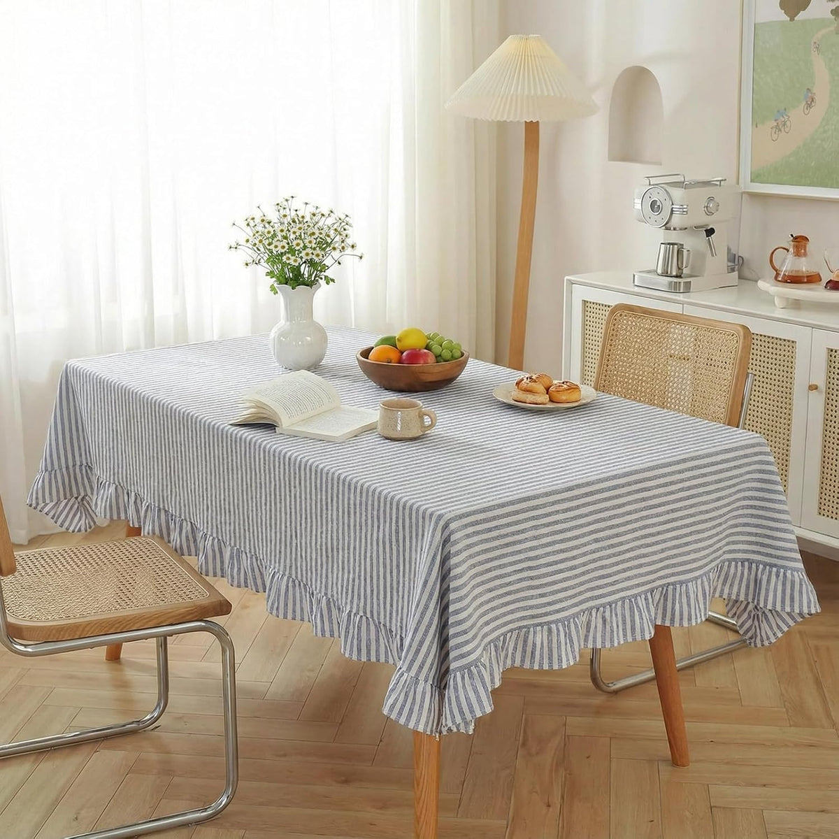 Boao Cotton Striped Tablecloth Rectangle 52" X 70" Blue White