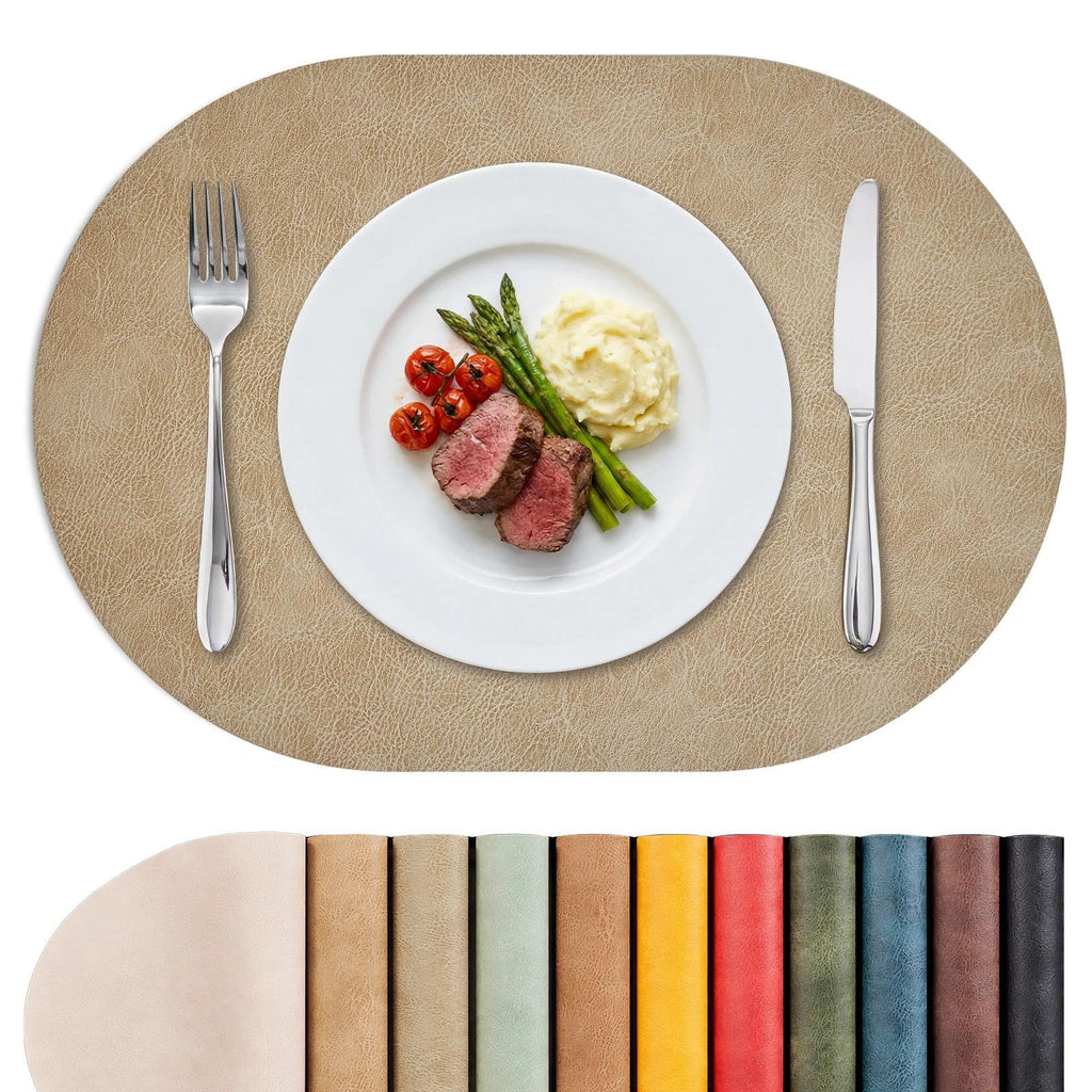 MOSAYT Vinyl Faux Leather Oval Placemats, Set of 6, Reddish Brown