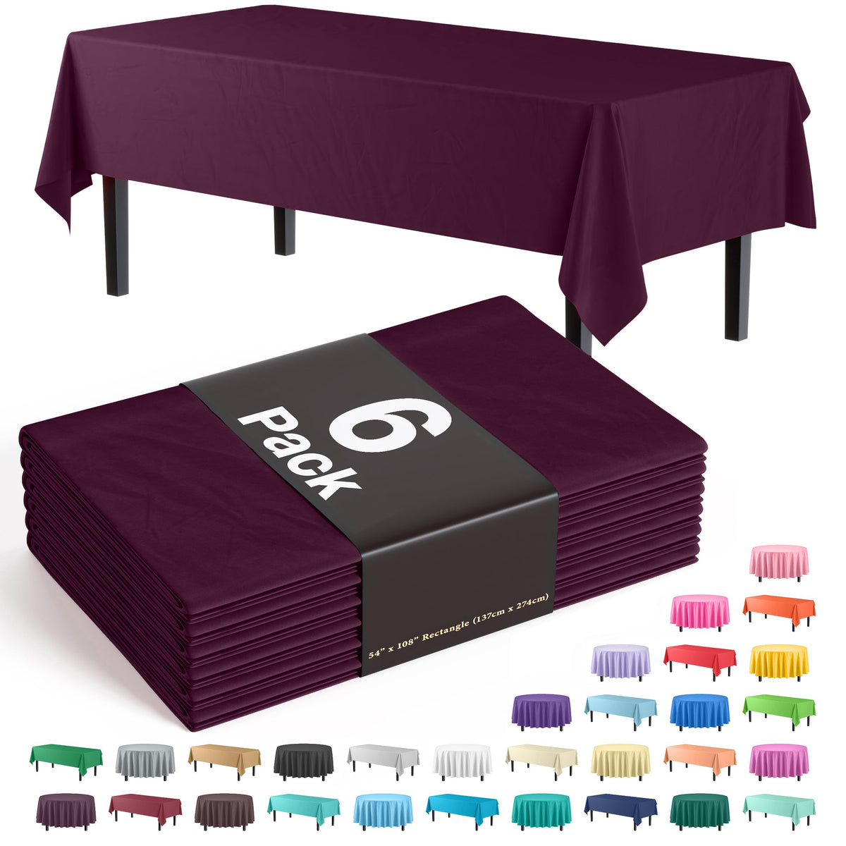 Exquisite Purple Plastic Table Cloth Disposable 6 Pack - 54 x 108 Inch Rectangle Tablecloth for 6 Foot Tables - Waterproof Table Cover for Party Wedding Birthday Graduation BBQ Catering