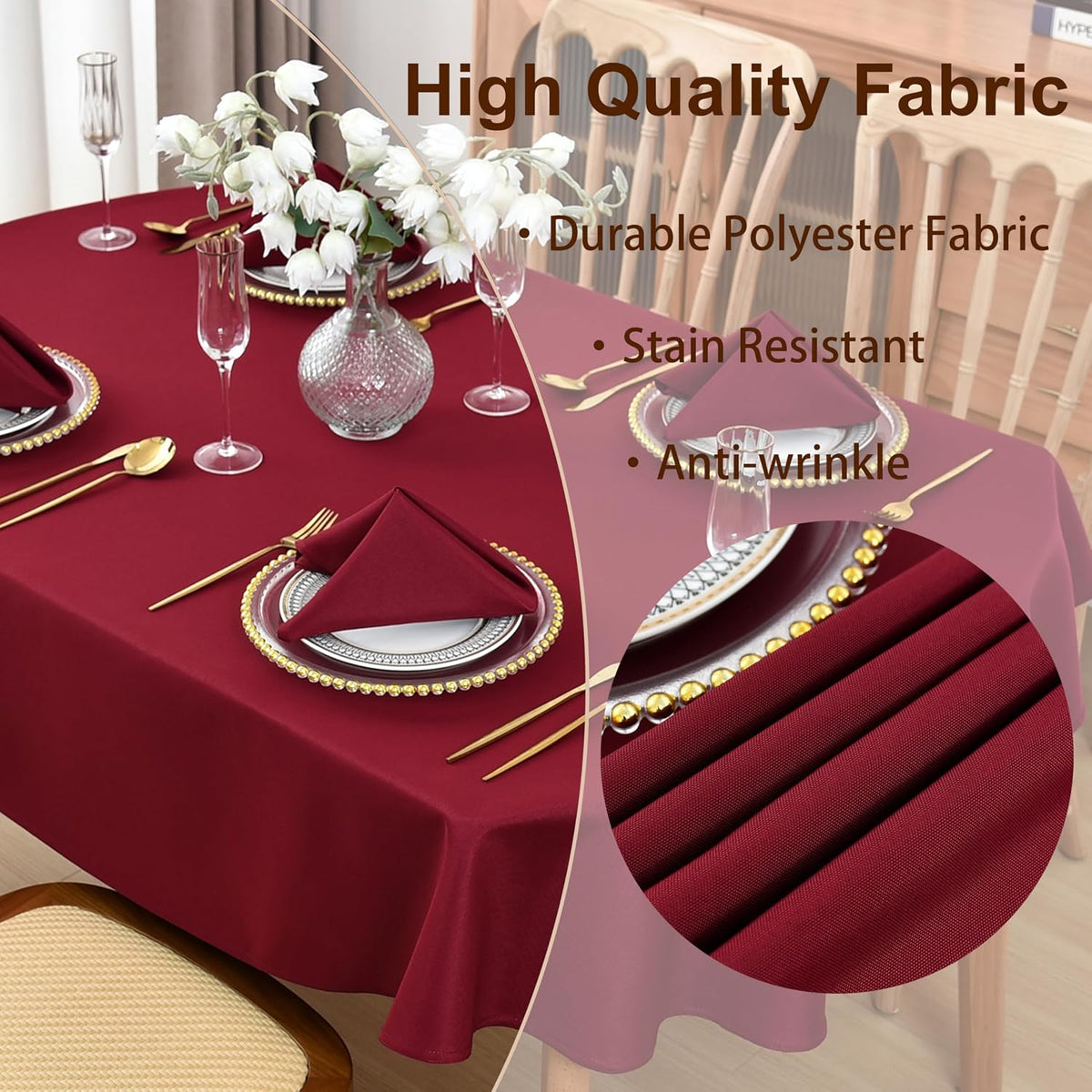 Burgundy Oval Tablecloth, 60 x 84 Inch, Stain and Wrinkle Resistant Machine Washable Polyester Table Cloth, Fabric Table Cover for Dining Buffet Party and Outdoor Use