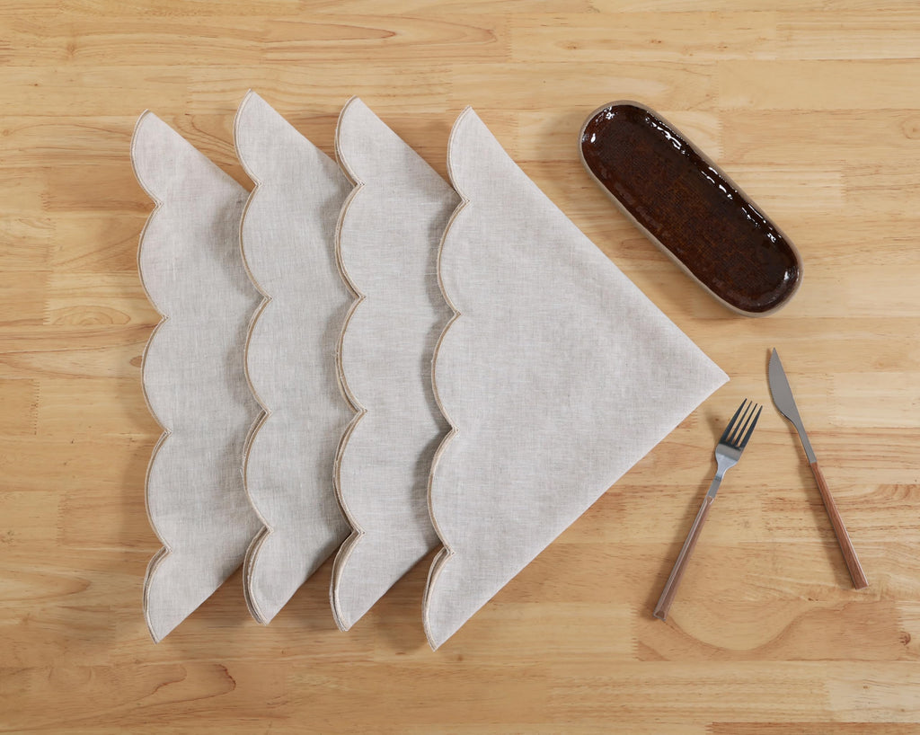 100% French Flax Linen Scalloped Embroidery Rectangle Tablecloths 120Lx60W Inch for Dinners, Parties, Spring, Machine Washable, 10-12 Sets, 60''x120'', Linen(Edges-Gold)