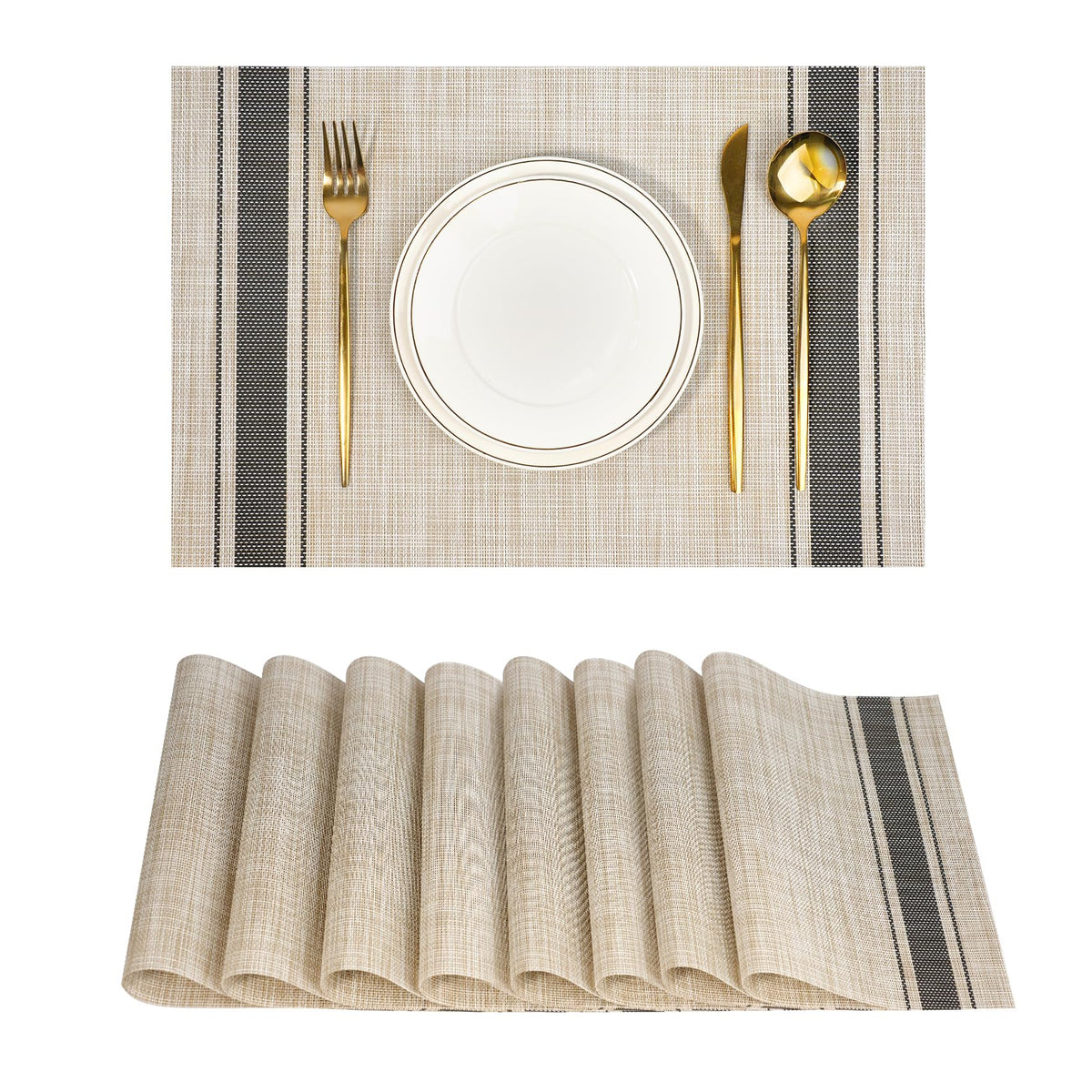 Placemats Set of 8，Non-Slip PVC Weave Table Mats Easy to Clean，Heat Resistant Place Mats for Kitchen Dining Table Decoration Indoor Outdoor，Beige