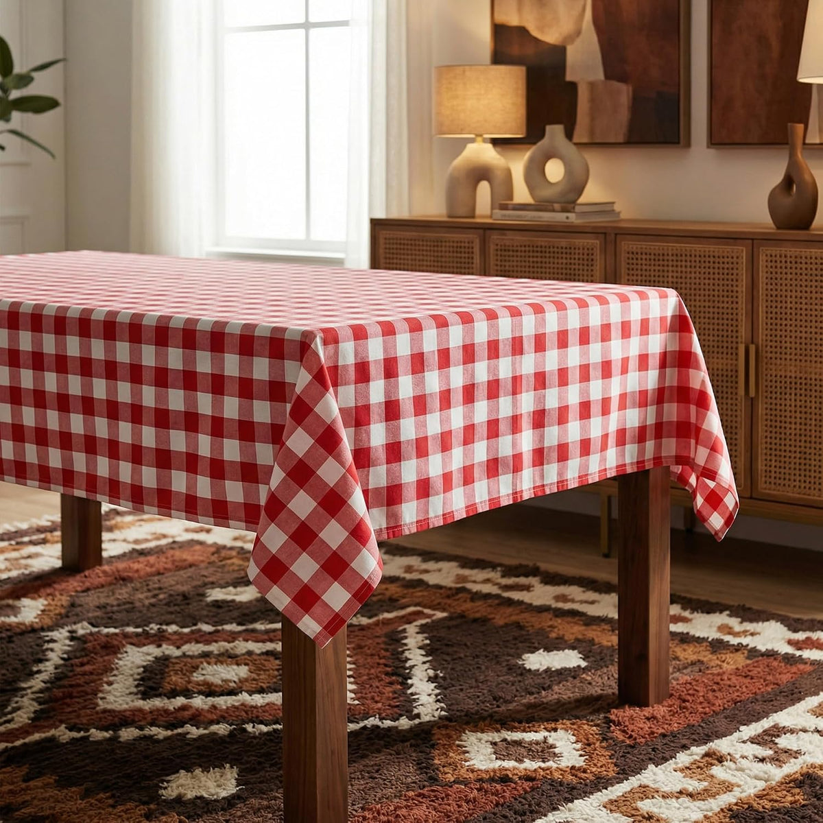 Red White Buffalo Plaid Waterproof Tablecloth for Outdoor Use Picnic Table Cover for Holiday Dinner, Farmhouse Kitchen, Patio Dining, Reusable Checkered Table Cloth, W60 x L84 in