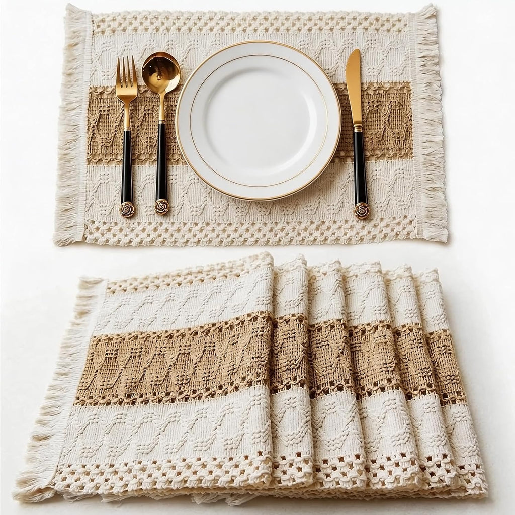 6 Pcs 11.8" x 19" Boho Placemats with Macrame Rustic Farmhouse Table Decor
