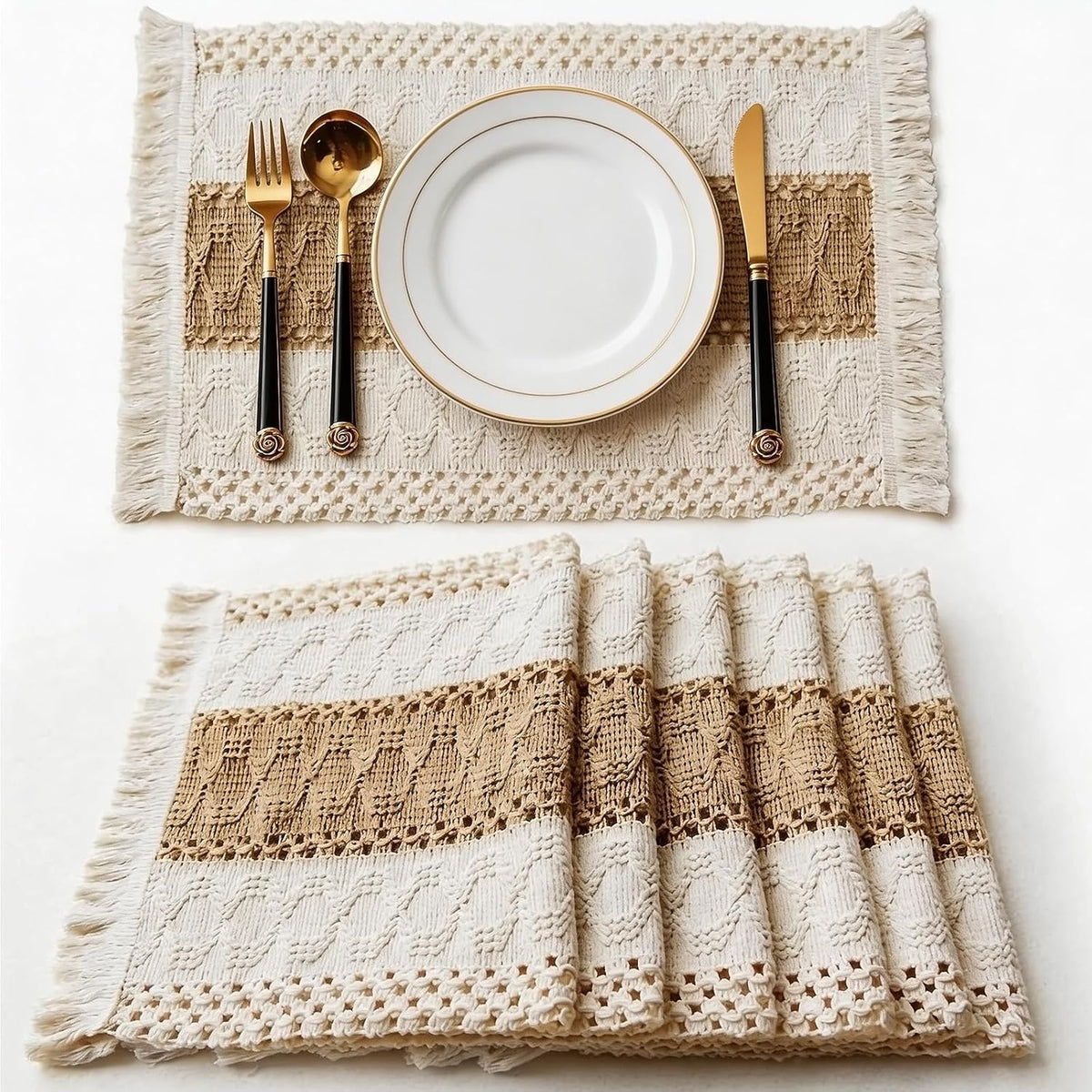 6 Pcs 11.8" x 19" Boho Placemats with Macrame Rustic Farmhouse Table Decor