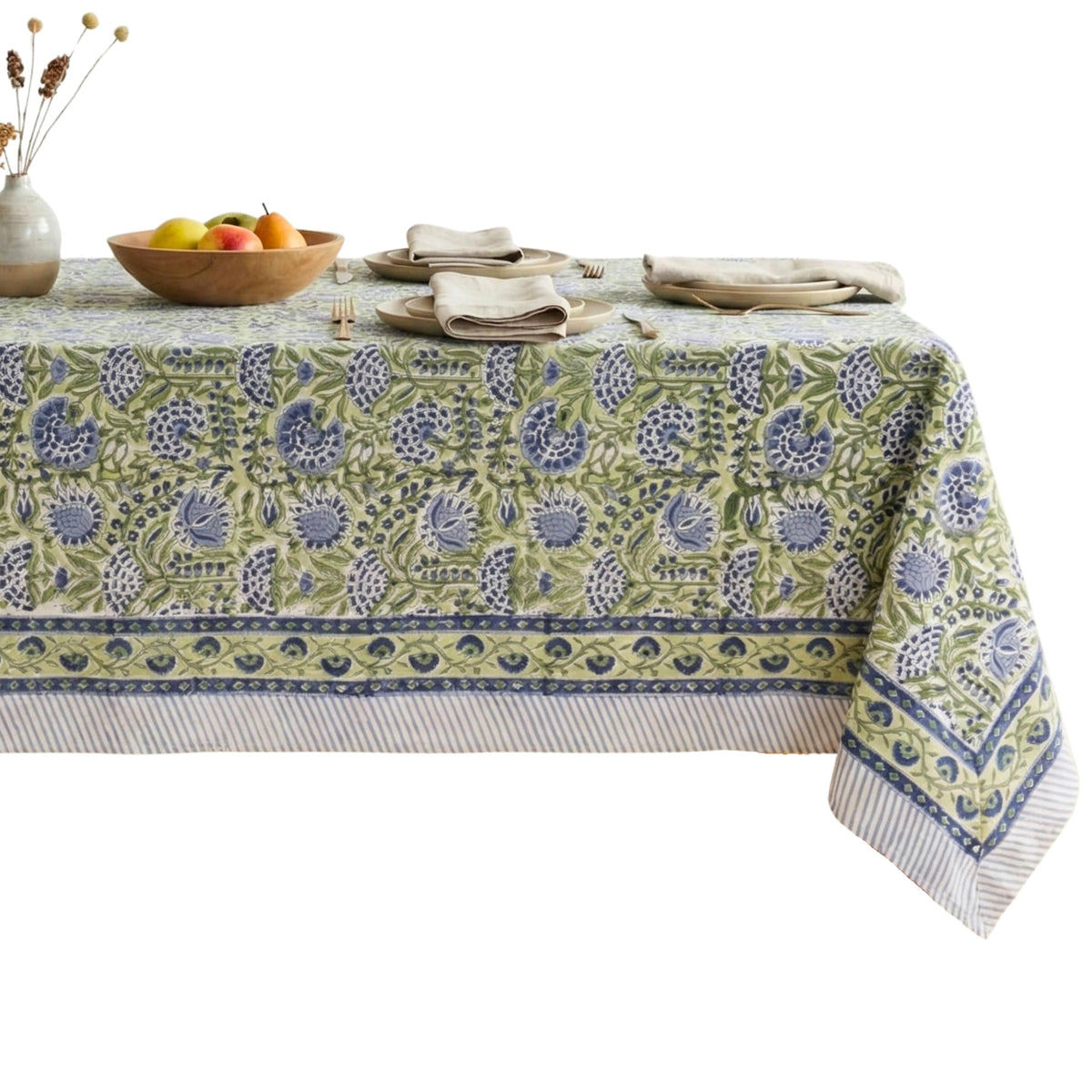 ATOSII Cotton Blockprint Rectangle Table Cloth, Clover Blue, 108" X 60"