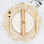 Gold Flower Placemats Set of 6, Metallic Pressed Vinyl Round Table Mats