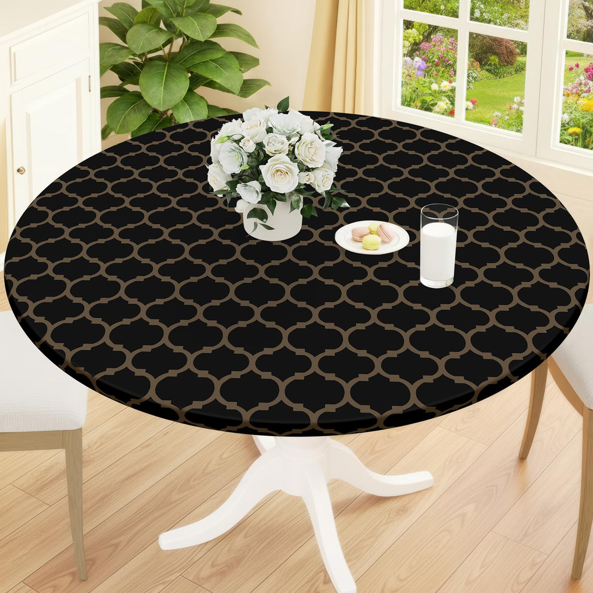 Smiry Round Picnic Tablecloth, Waterproof Elastic Fitted Table Covers for 45" - 56" Tables, Wipeable Flannel Backed Vinyl Tablecloths for Camping, Indoor, Outdoor, Brown