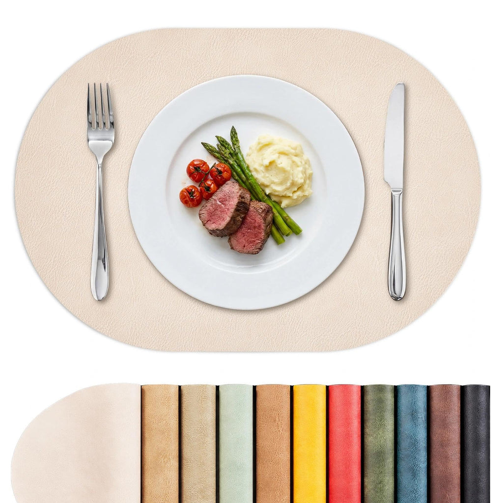 MOSAYT Vinyl Faux Leather Oval Placemats, Set of 6, Reddish Brown