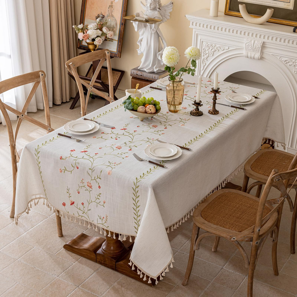 Joyfol Day Linen Waterproof Tablecloth with Tassels, Rustic Farmhouse Flowers Embroidery Table Cloths for Rectangle Tables, Heavy Weight Spill-Proof Table Covers, Coffee Florals, 55''x 120''