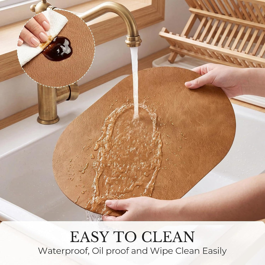 MOSAYT Vinyl Faux Leather Oval Placemats, Set of 6, Reddish Brown