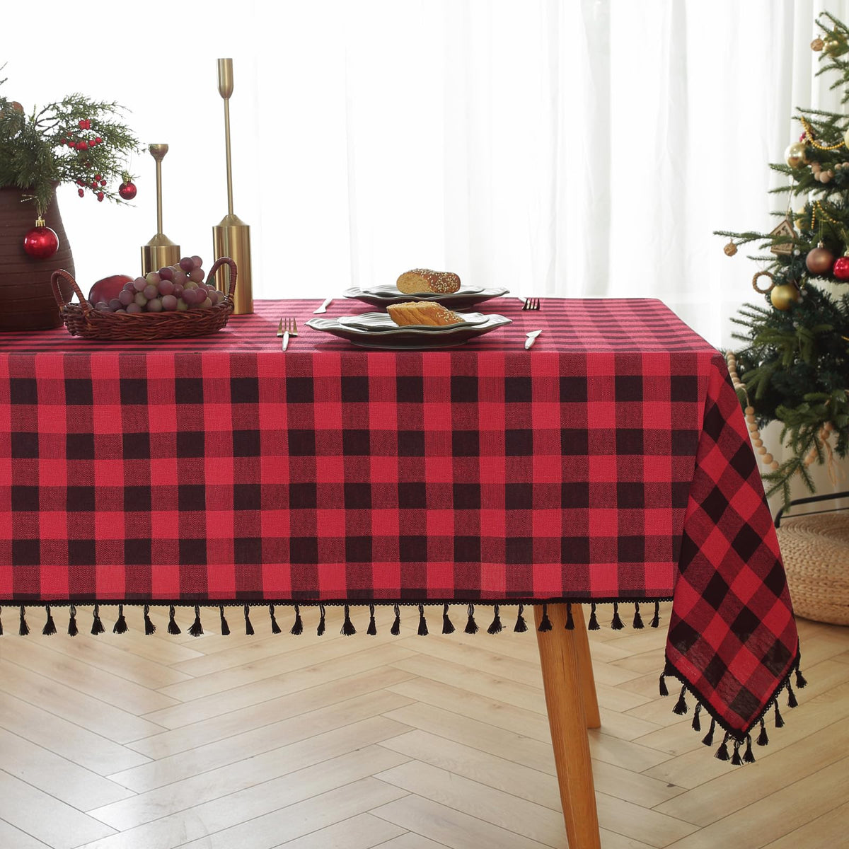 Alsoo Pink Gingham Tablecloth Rectangle 55 x 75 Inch, Washable Checkered Plaid Table Cloth Heavy Duty Linen Cotton Fabric for Mothers Day Outdoor Picnic Party Freshly Graduated