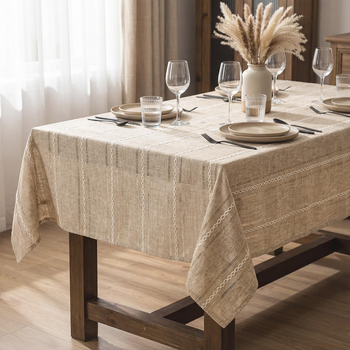 Horaldaily Light Coffee Round Tablecloth, 60×60 Inch, Farmhouse Style