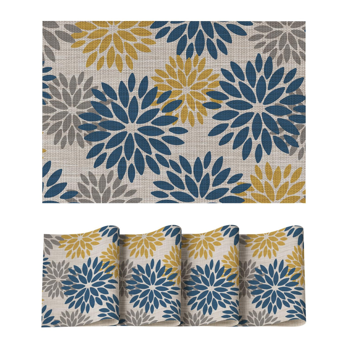 Artoid Mode Floral Vinyl Placemats Set of 4, Heat Resistant Washable Non-Slip Plastic PVC Place Mats for Party Kitchen Dining Decor, Blue Grey