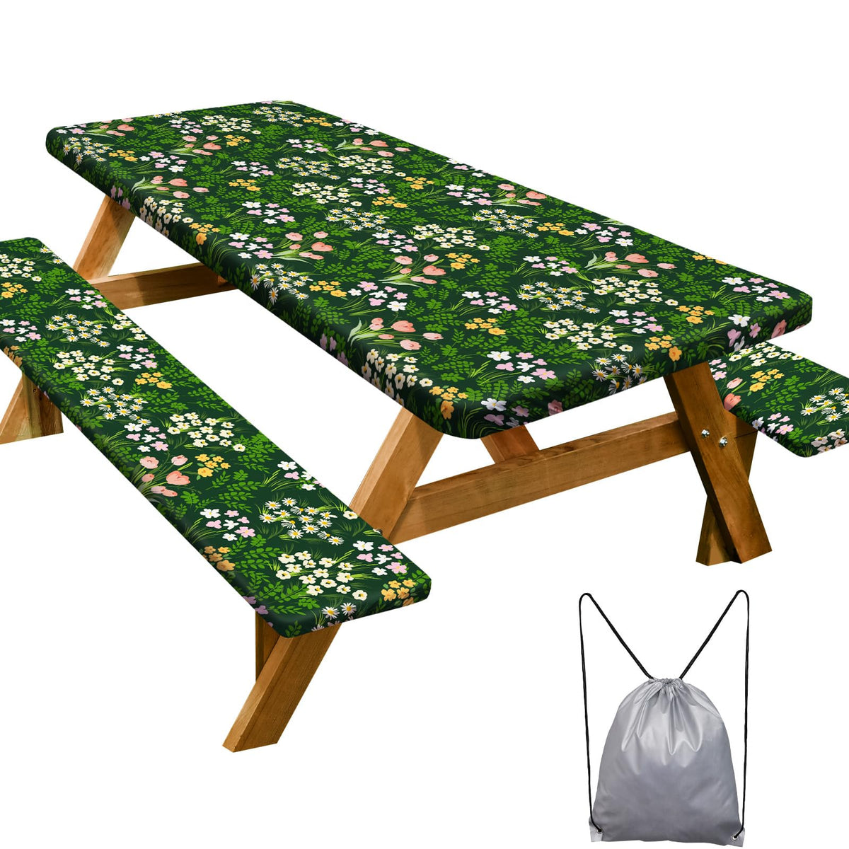 Picnic Table Cover with Bench Covers Camping Essentials Waterproof Windproof Camping Tablecloth with Drawstring Bag, Fitted Rectangle Tables and Seats, 72in, Bohemian