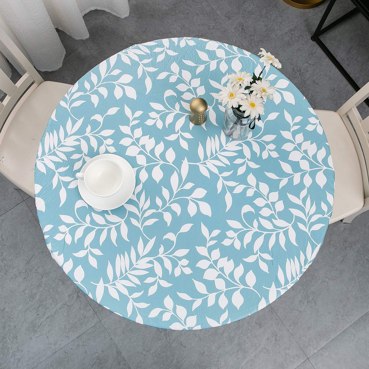 Pioggia Round Vinyl Fitted Tablecloth with Flannel Backing Elastic Table Cloth Waterproof Oil-Proof Plastic Table Cover Best for 37"-44" Round