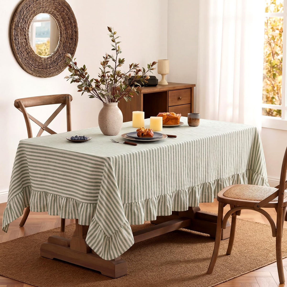 Boao Cotton Striped Tablecloth Rectangle 52" X 70" Blue White