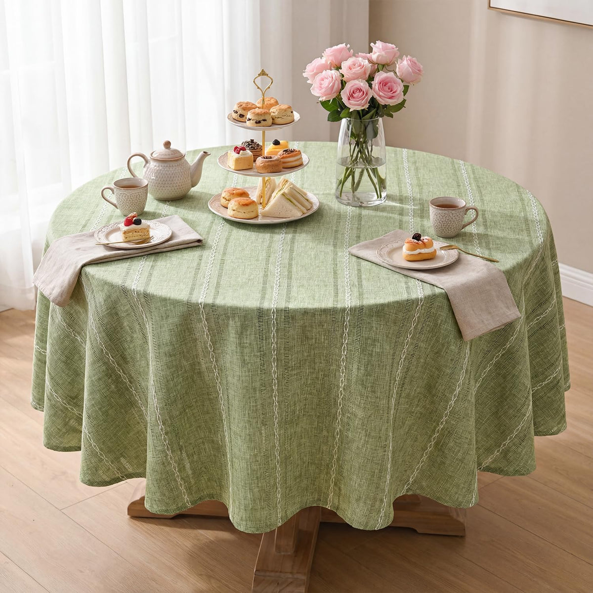 Horaldaily Light Coffee Round Tablecloth, 60×60 Inch, Farmhouse Style