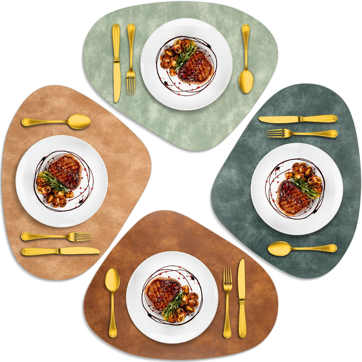 ADRIMER Placemats, Heat Resistant Round Placemats Set of 4 Washable 13 x 17 Inch, Waterproof Table Mats for Kitchen, Dining Room Table Christmas Decor, Turmeric Brown+Camel+Green+Blue
