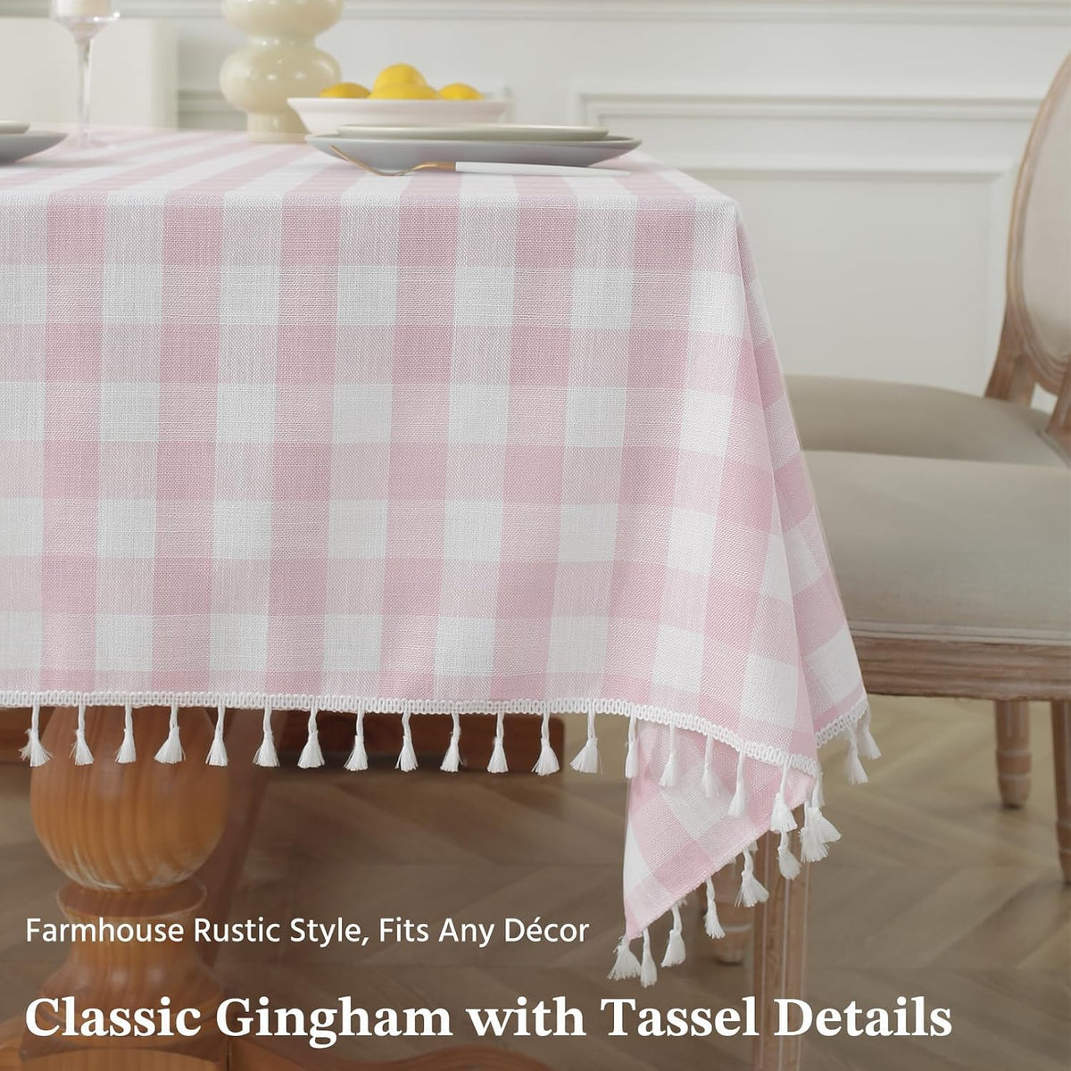 Alsoo Pink Gingham Tablecloth Rectangle 55 x 75 Inch, Washable Checkered Plaid Table Cloth Heavy Duty Linen Cotton Fabric for Mothers Day Outdoor Picnic Party Freshly Graduated